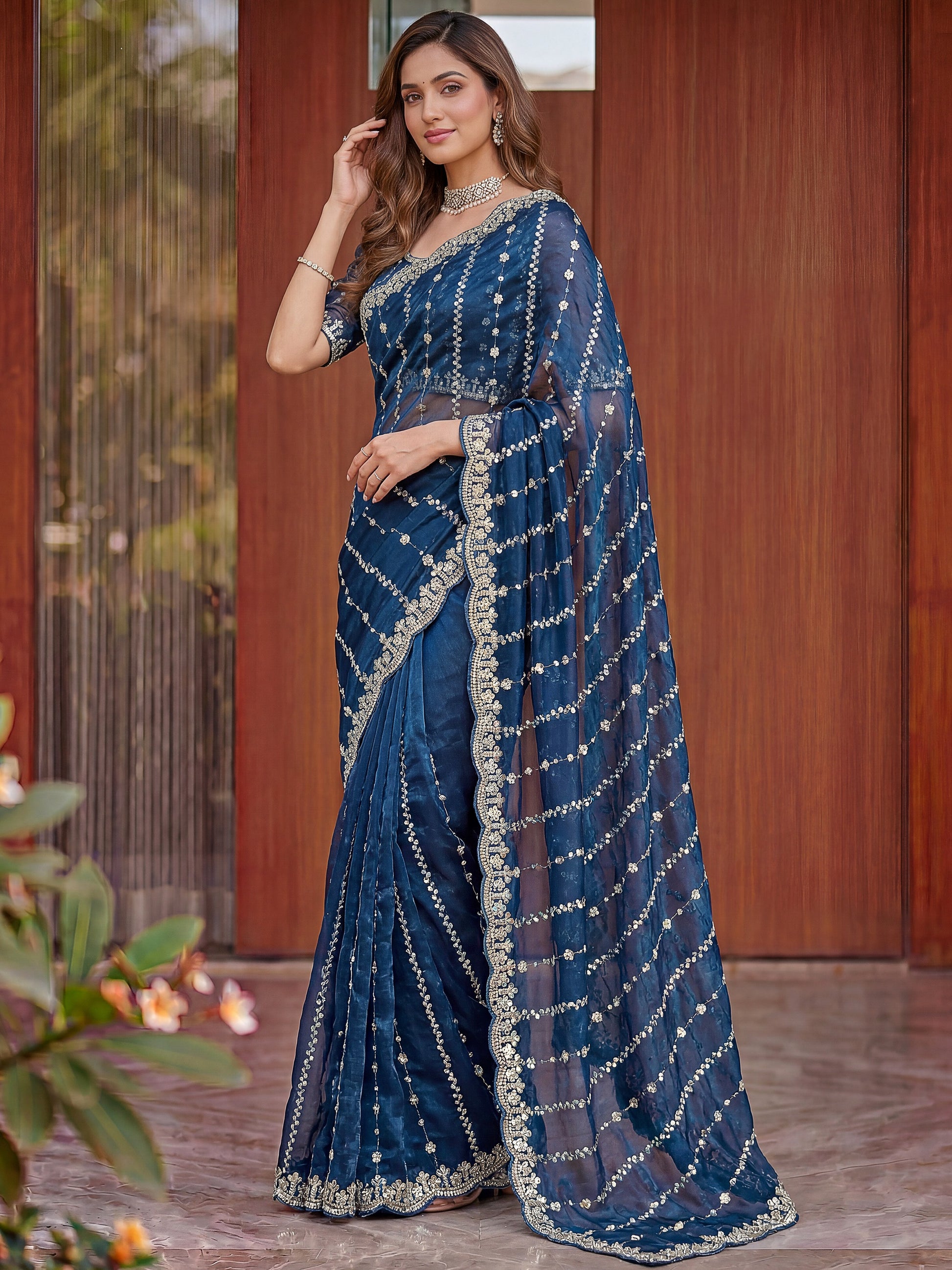 Awesome Navy Blue Beads Work Satin Party Wear Saree With Blouse
