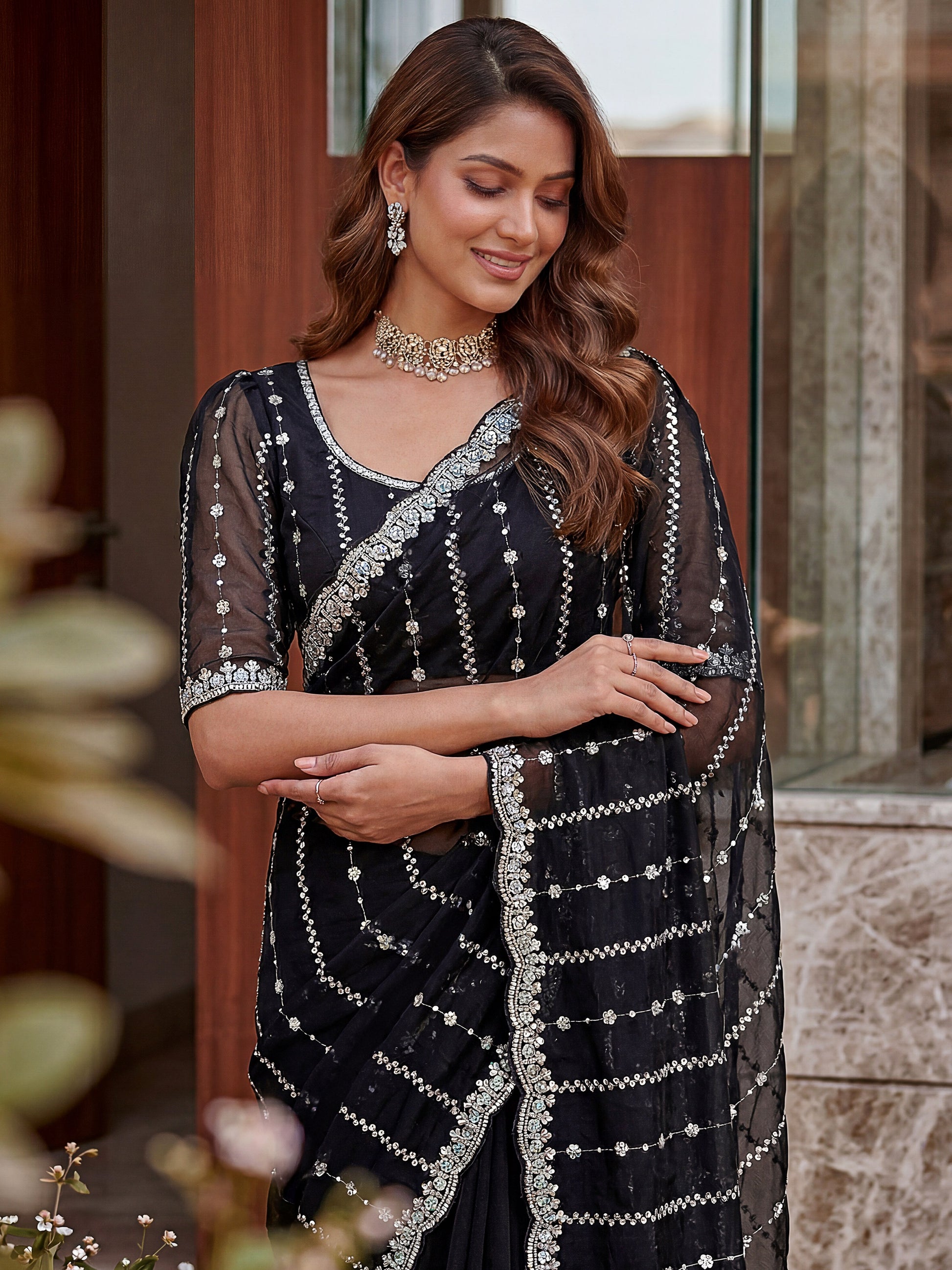 Alluring Black Embroidery Satin Festival Wear Saree With Blouse