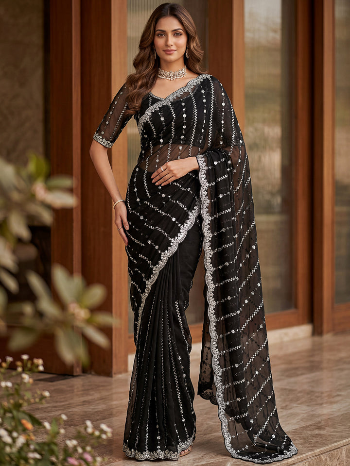 Alluring Black Embroidery Satin Festival Wear Saree With Blouse