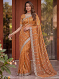 Dazzling Peach Embroidery Satin Festival Wear Saree With Blouse
