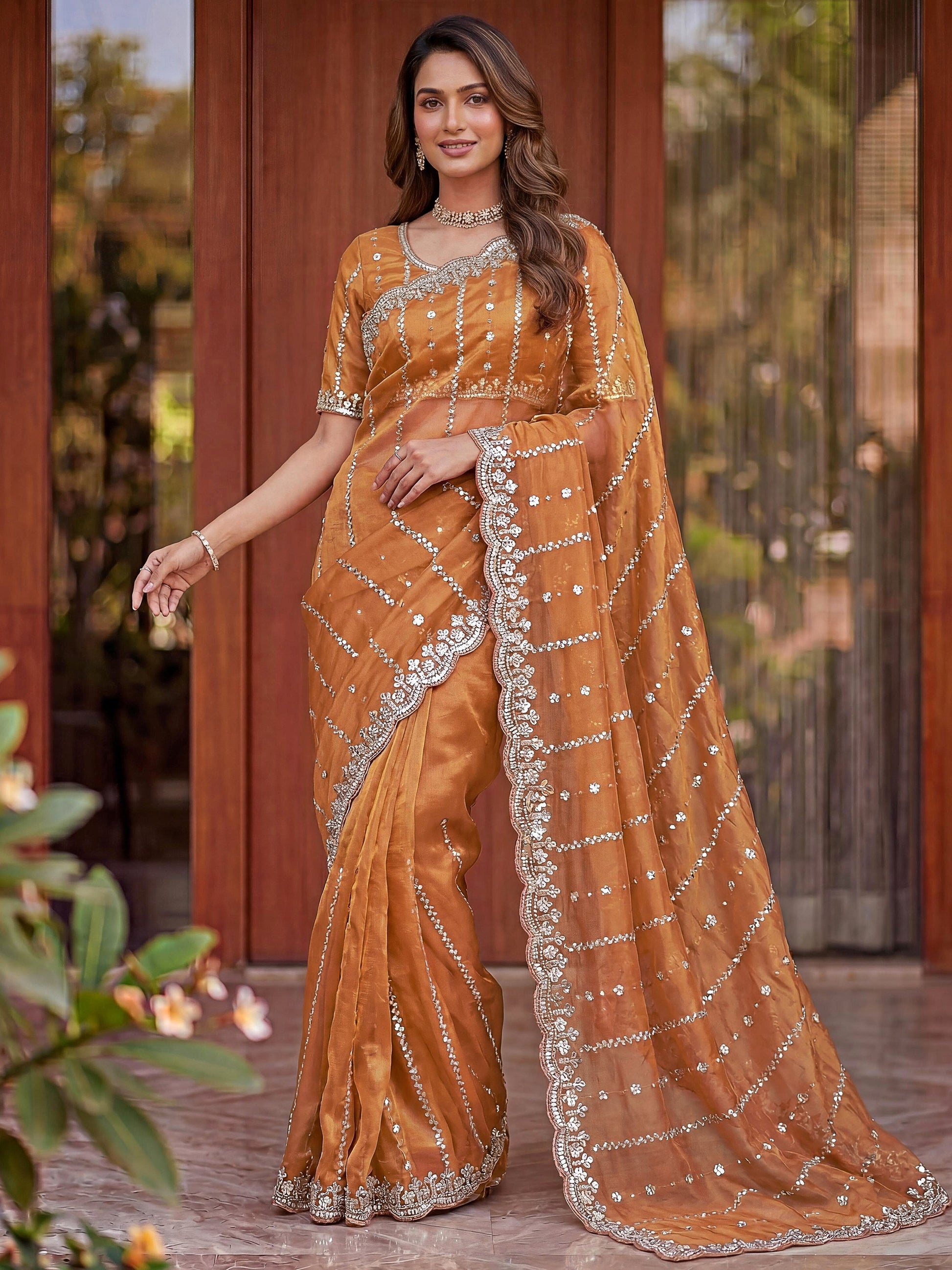 Dazzling Peach Embroidery Satin Festival Wear Saree With Blouse