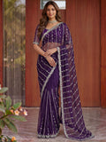 Fabulous Purple Embroidered Satin Wedding Wear Saree With Blouse