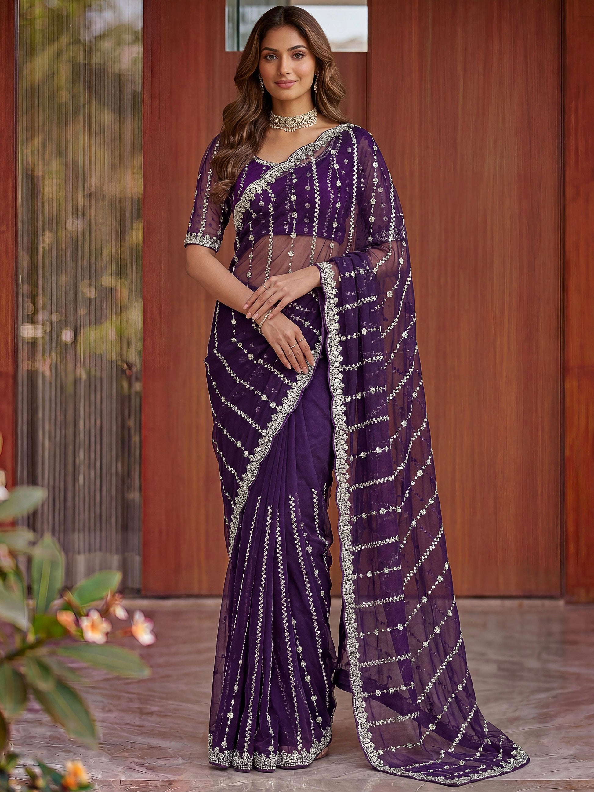 Fabulous Purple Embroidered Satin Wedding Wear Saree With Blouse