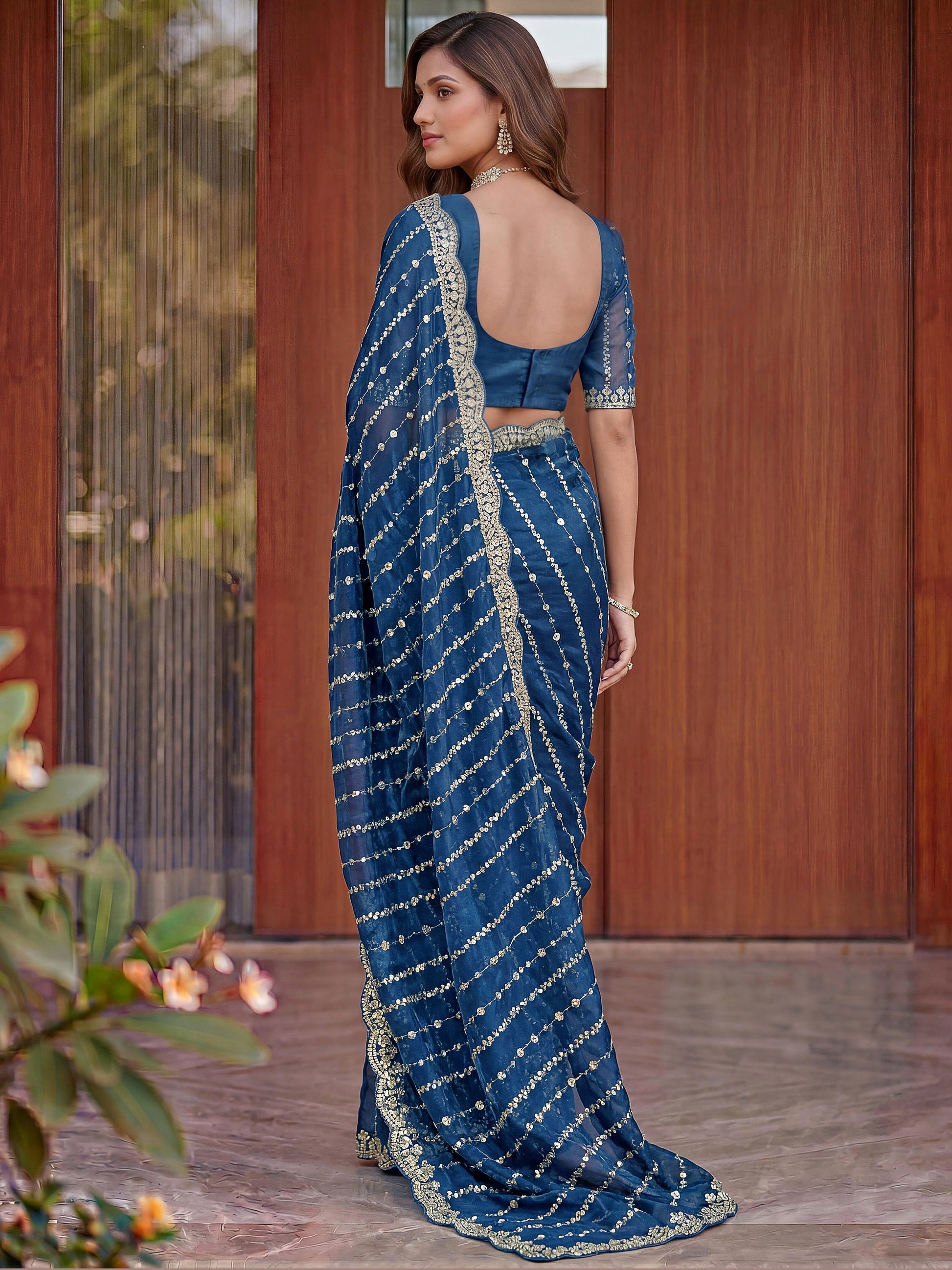 Awesome Navy Blue Beads Work Satin Party Wear Saree With Blouse