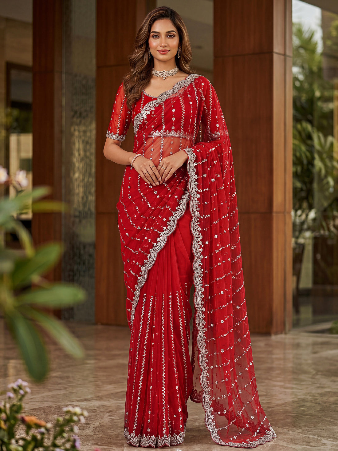 Sparkling Red Bead Work Satin Festival Wear Saree With Blouse