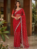 Sparkling Red Bead Work Satin Festival Wear Saree With Blouse