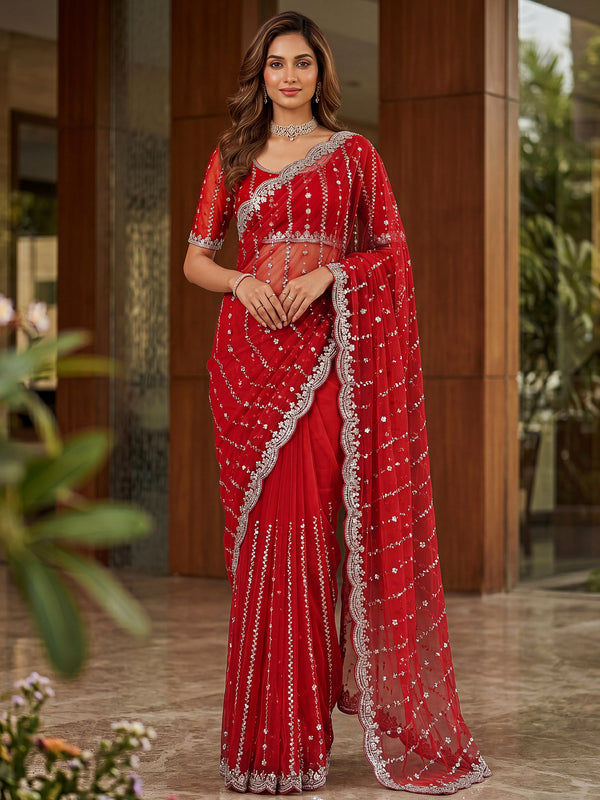 Sparkling Red Bead Work Satin Festival Wear Saree With Blouse
