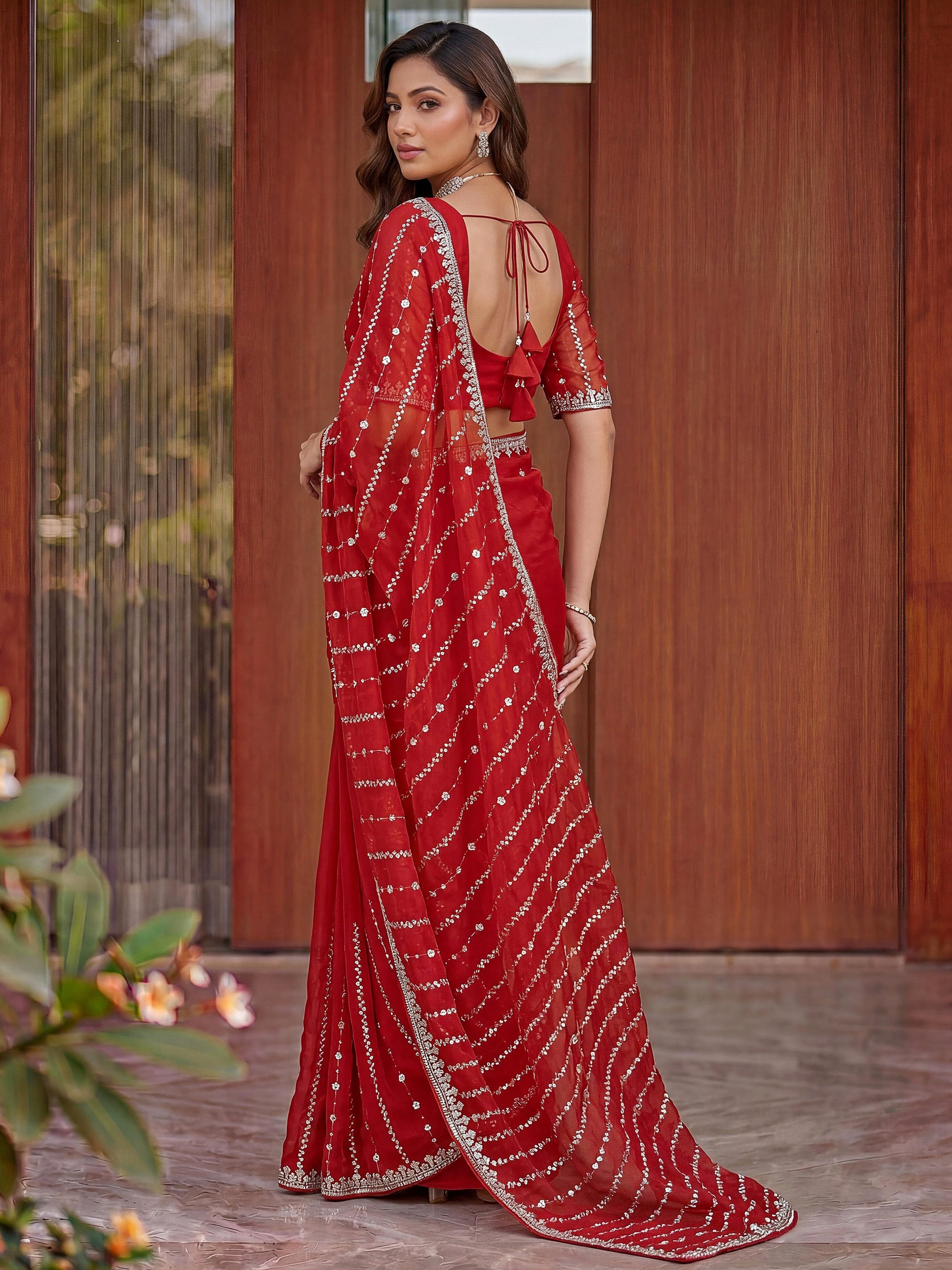 Sparkling Red Bead Work Satin Festival Wear Saree With Blouse