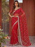 Sparkling Red Bead Work Satin Festival Wear Saree With Blouse