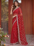 Sparkling Red Bead Work Satin Festival Wear Saree With Blouse