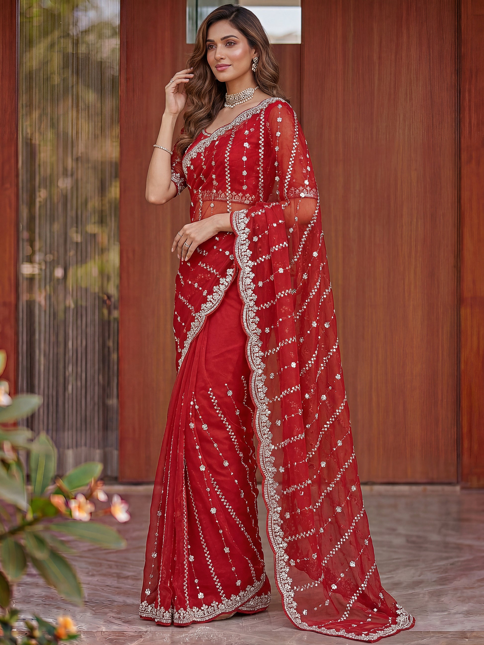 Sparkling Red Bead Work Satin Festival Wear Saree With Blouse