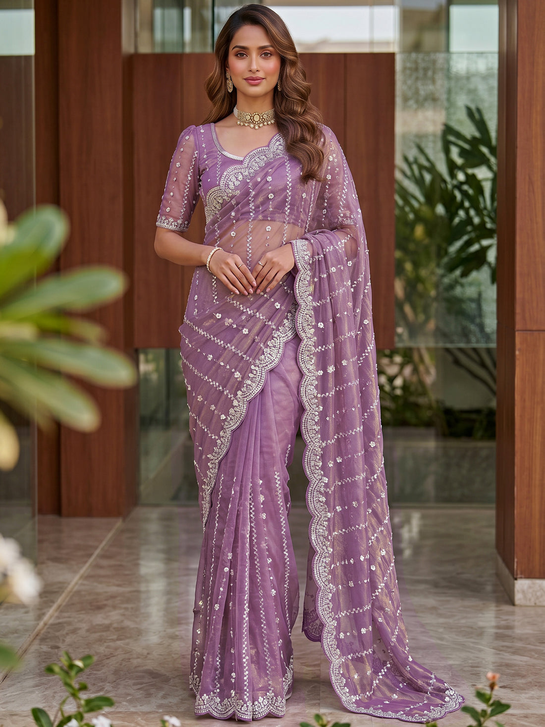 Gorgeous Lavender Sequins Work Satin Party Wear Saree With Blouse