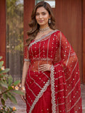 Sparkling Red Bead Work Satin Festival Wear Saree With Blouse