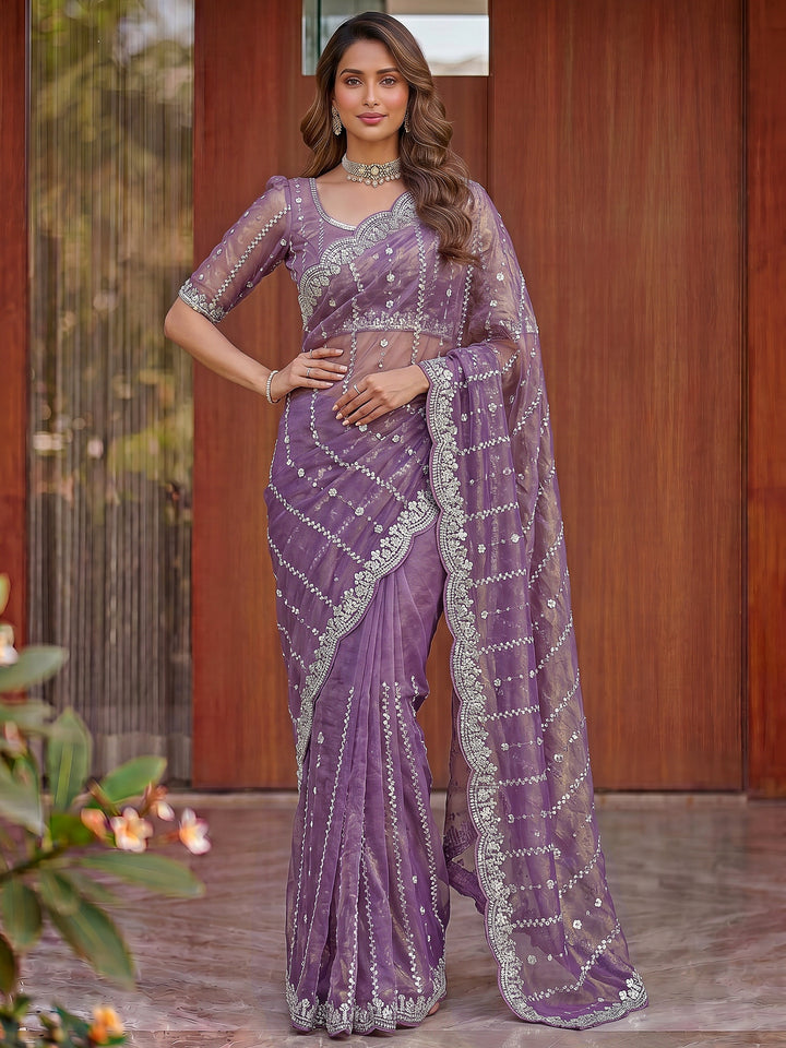 Gorgeous Lavender Sequins Work Satin Party Wear Saree With Blouse