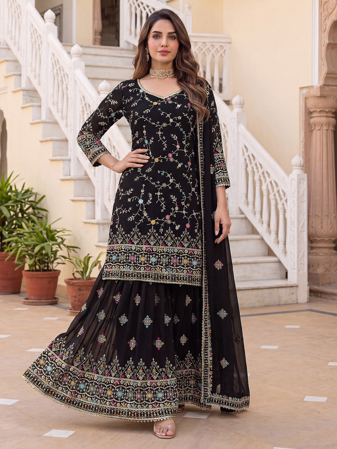 Majestic Black Embroidered Georgette Festival Wear Sharara Suit