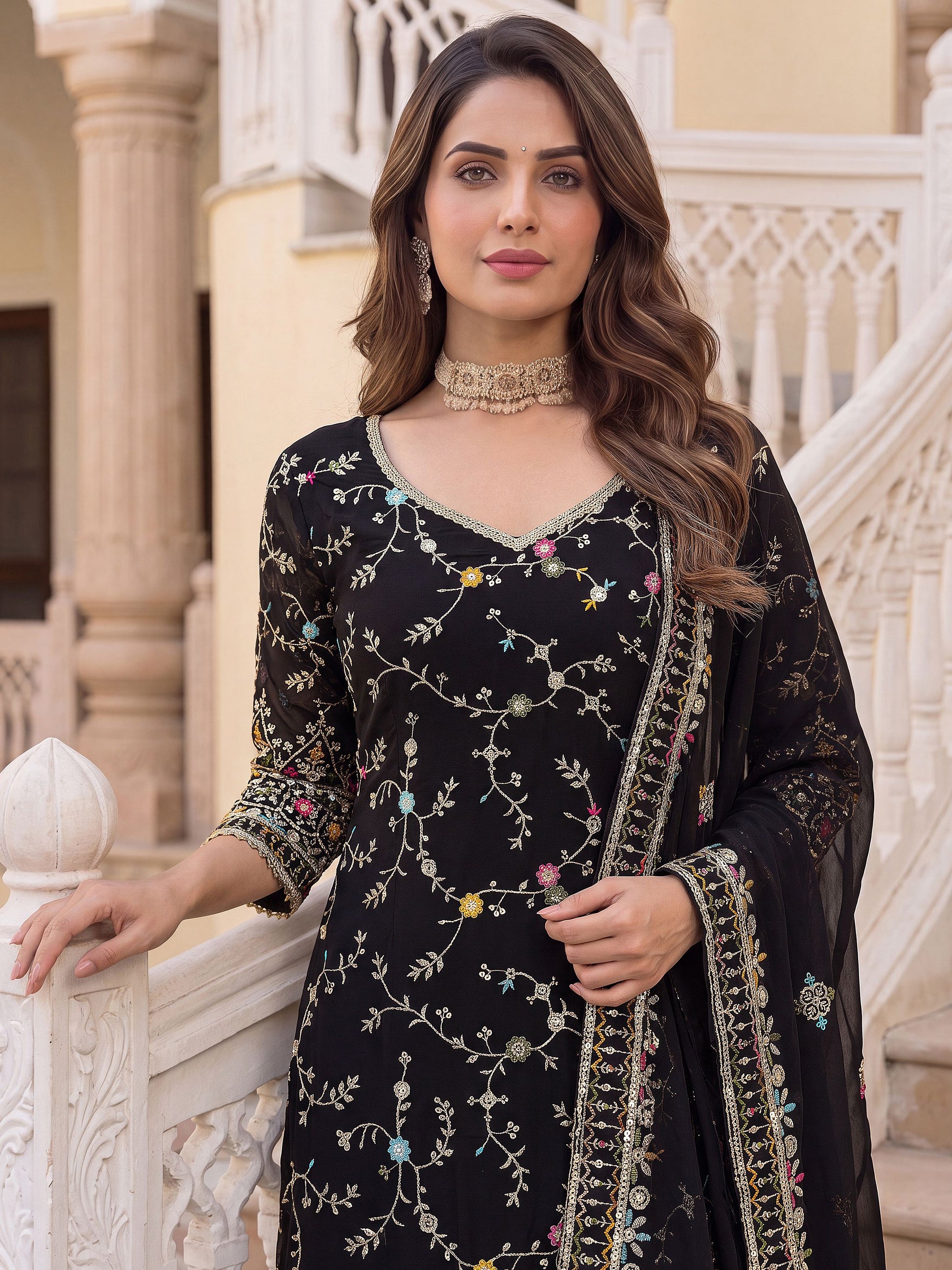 Majestic Black Embroidered Georgette Festival Wear Sharara Suit