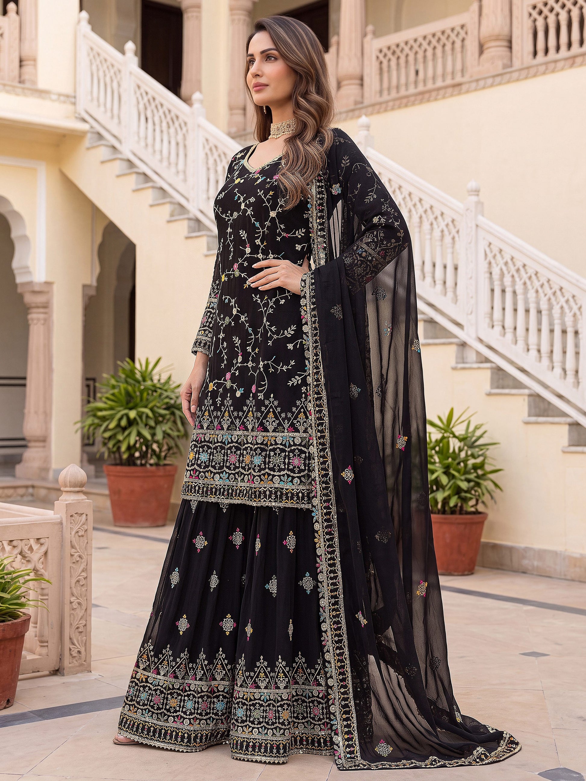 Majestic Black Embroidered Georgette Festival Wear Sharara Suit