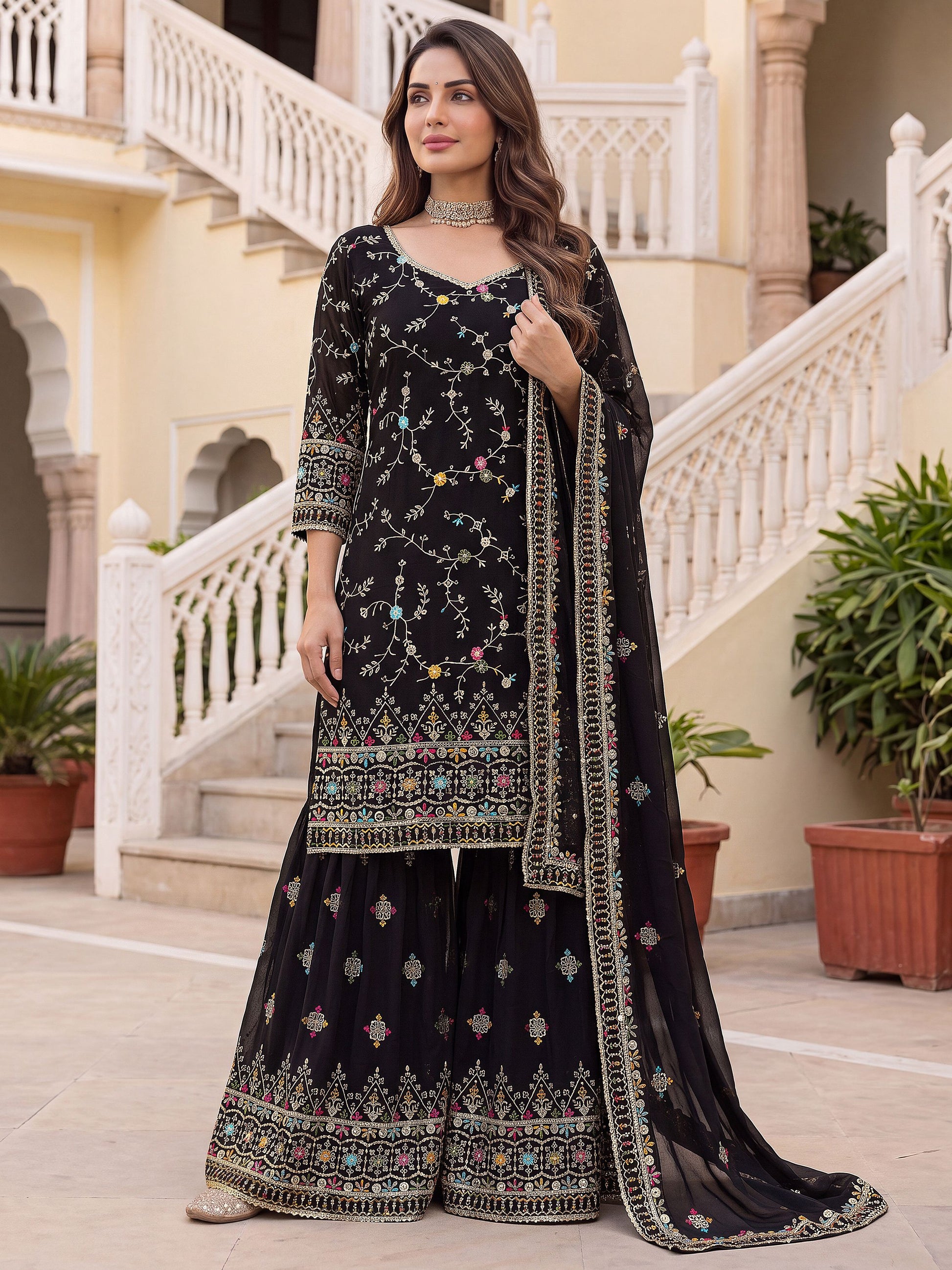 Majestic Black Embroidered Georgette Festival Wear Sharara Suit