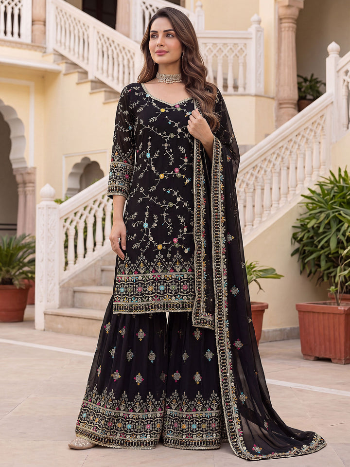 Majestic Black Embroidered Georgette Festival Wear Sharara Suit