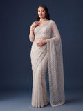 Elegant White Pearl Work Net Reception Wear Saree With Blouse