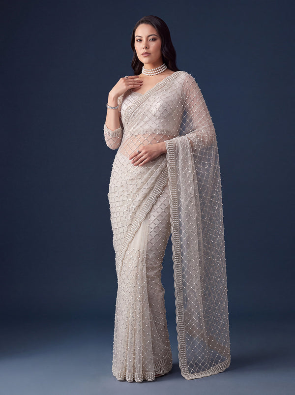 Elegant White Pearl Work Net Reception Wear Saree With Blouse