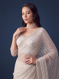 Elegant White Pearl Work Net Reception Wear Saree With Blouse