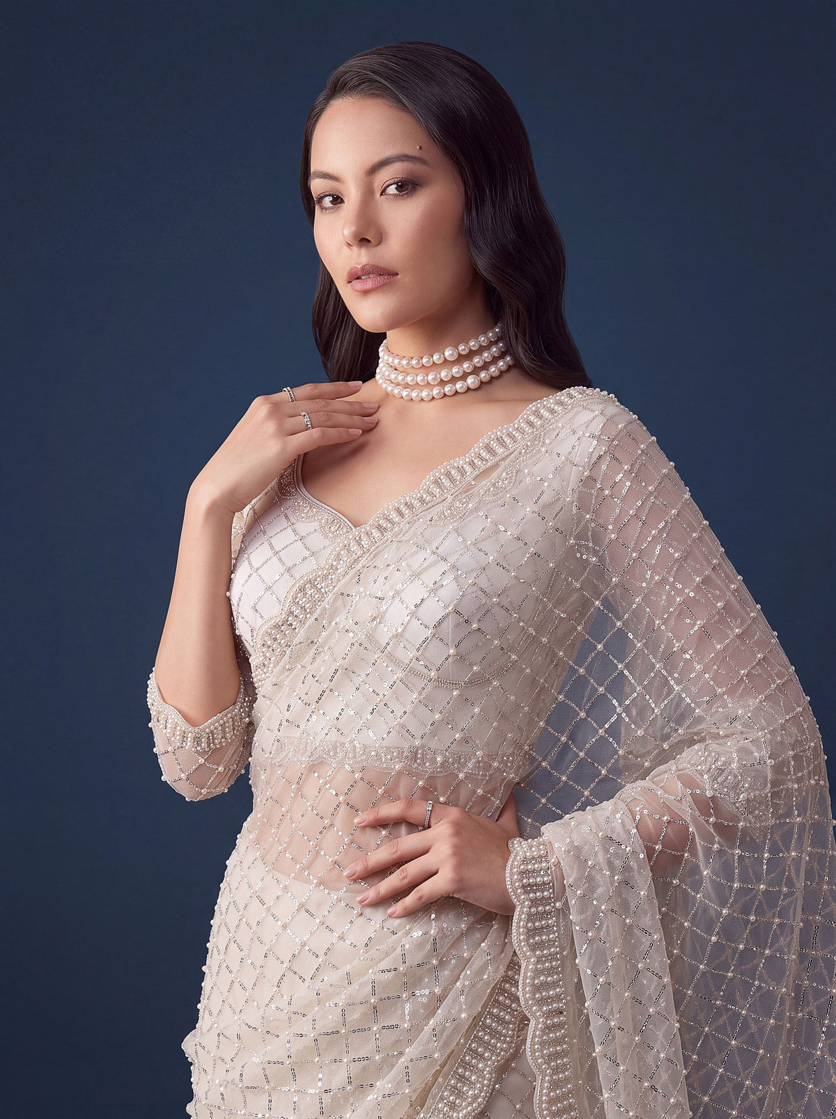 Elegant White Pearl Work Net Reception Wear Saree With Blouse
