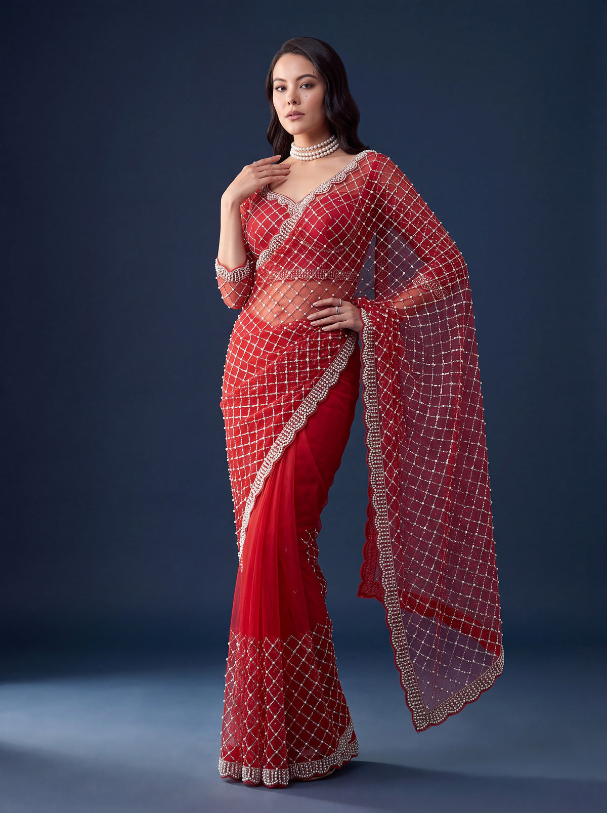 Striking Red Sequins Work Net Wedding Wear Saree WIth Blouse
