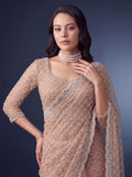 Graceful Peach Beads Work Net Reception Wear Saree