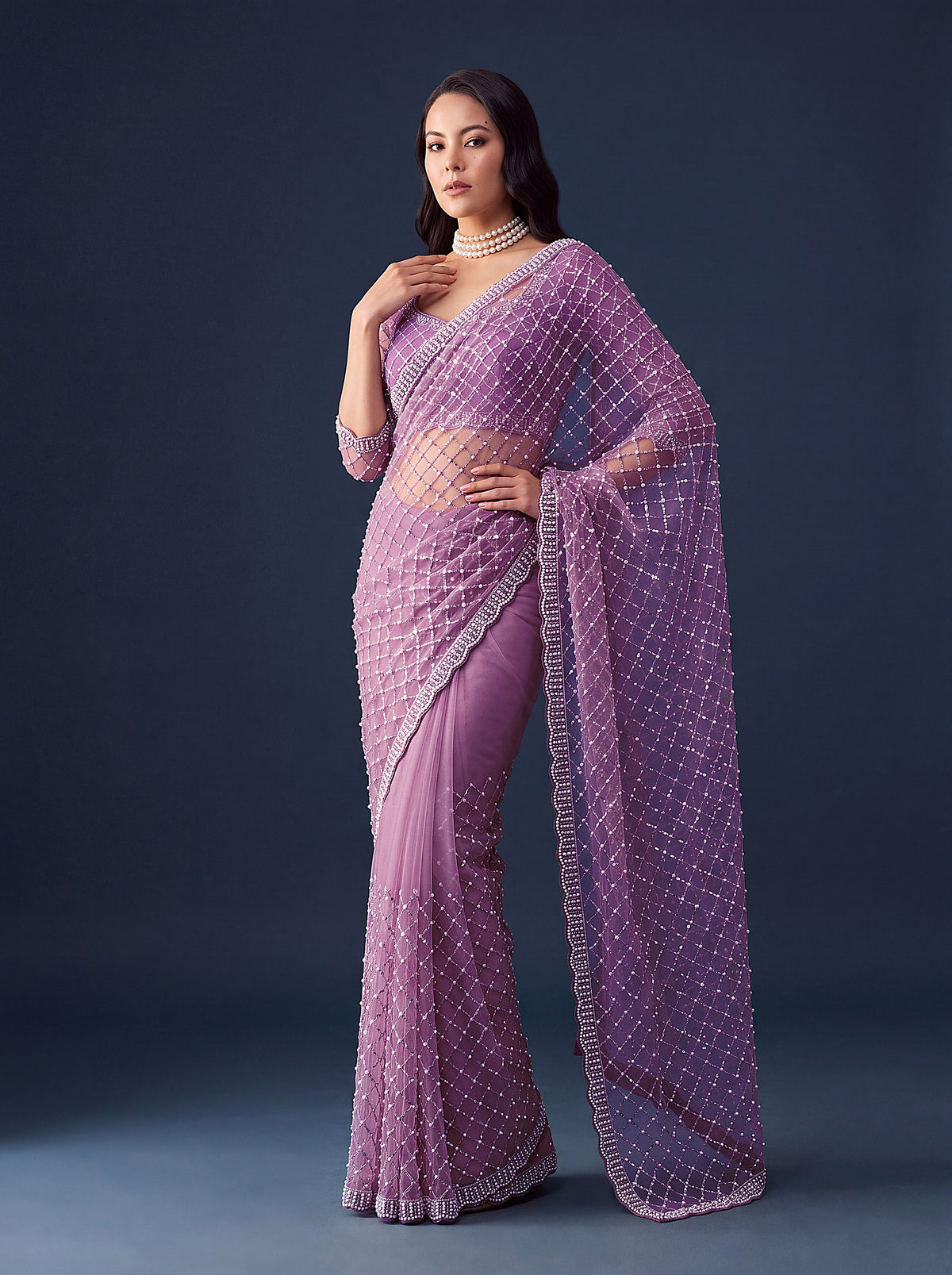 Radiant Lavender Sequins Work Net Reception Wear Saree