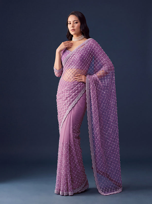 Radiant Lavender Sequins Work Net Reception Wear Saree