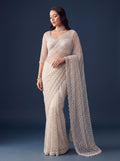 Elegant White Pearl Work Net Reception Wear Saree With Blouse