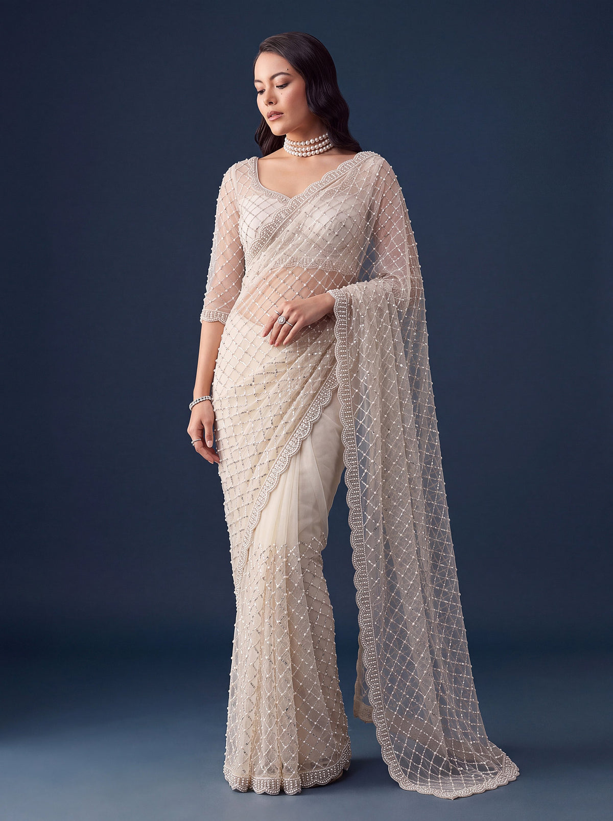 Elegant White Pearl Work Net Reception Wear Saree With Blouse