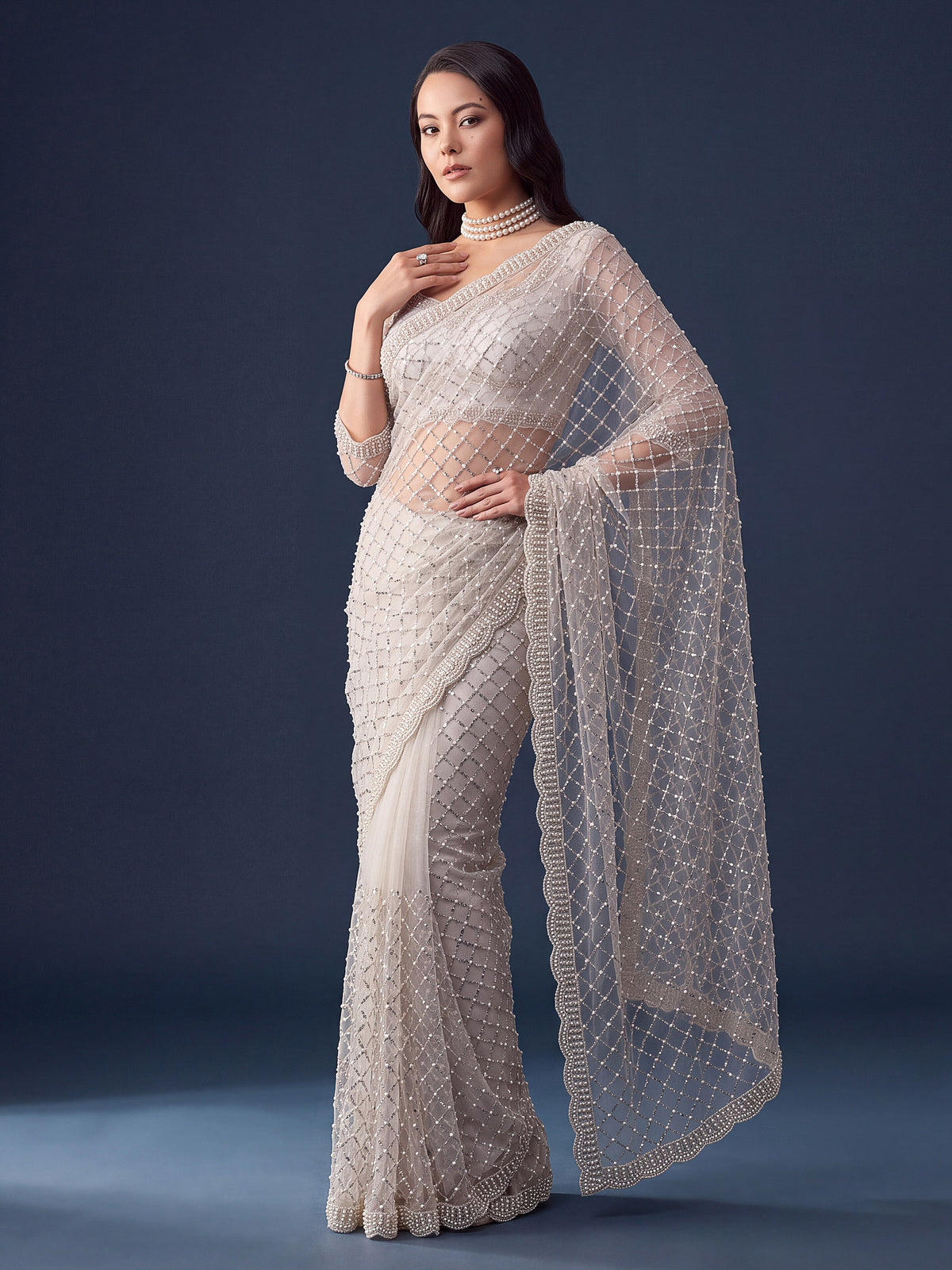 Elegant White Pearl Work Net Reception Wear Saree With Blouse