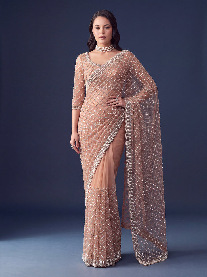 Graceful Peach Beads Work Net Reception Wear Saree