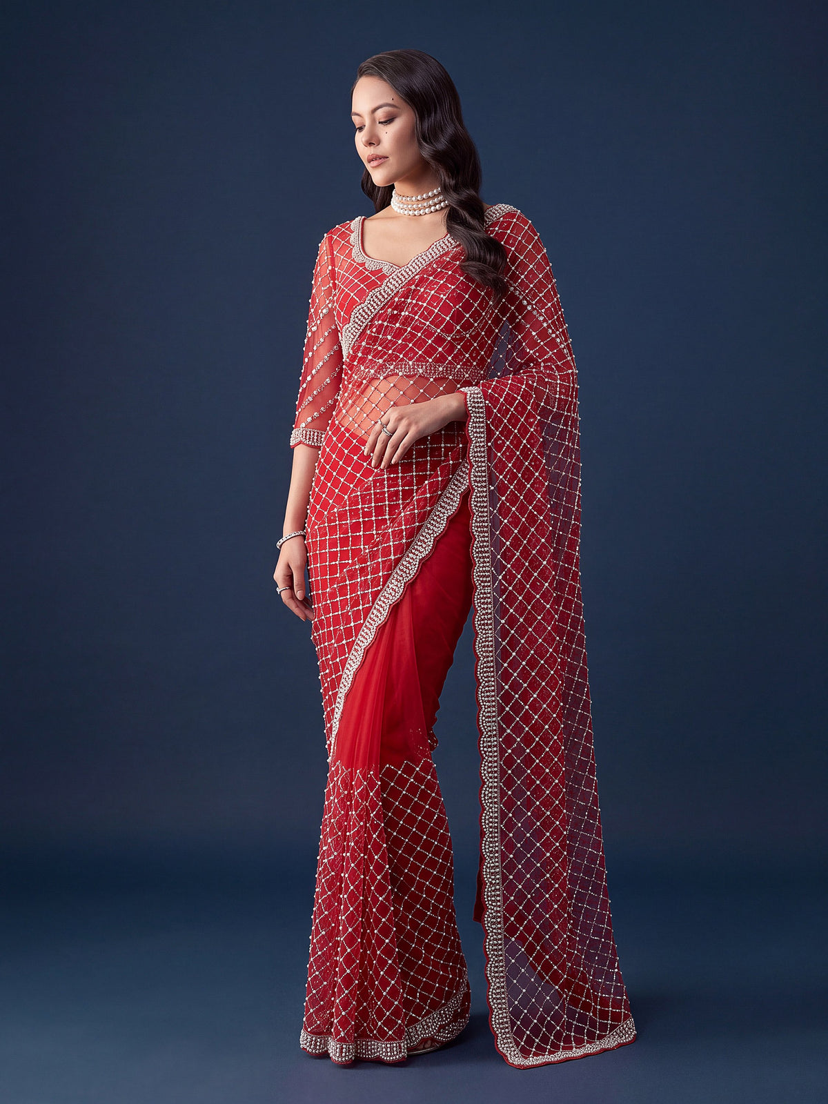 Striking Red Sequins Work Net Wedding Wear Saree WIth Blouse