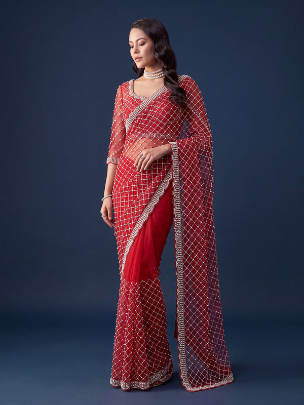 Striking Red Sequins Work Net Wedding Wear Saree WIth Blouse