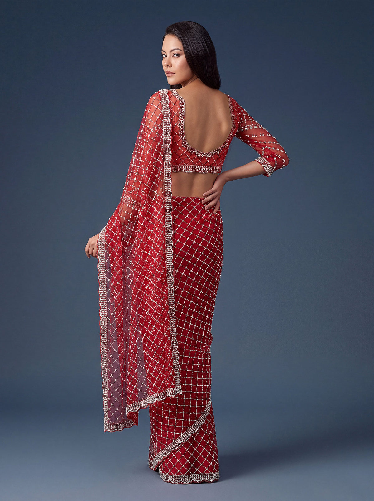 Striking Red Sequins Work Net Wedding Wear Saree WIth Blouse