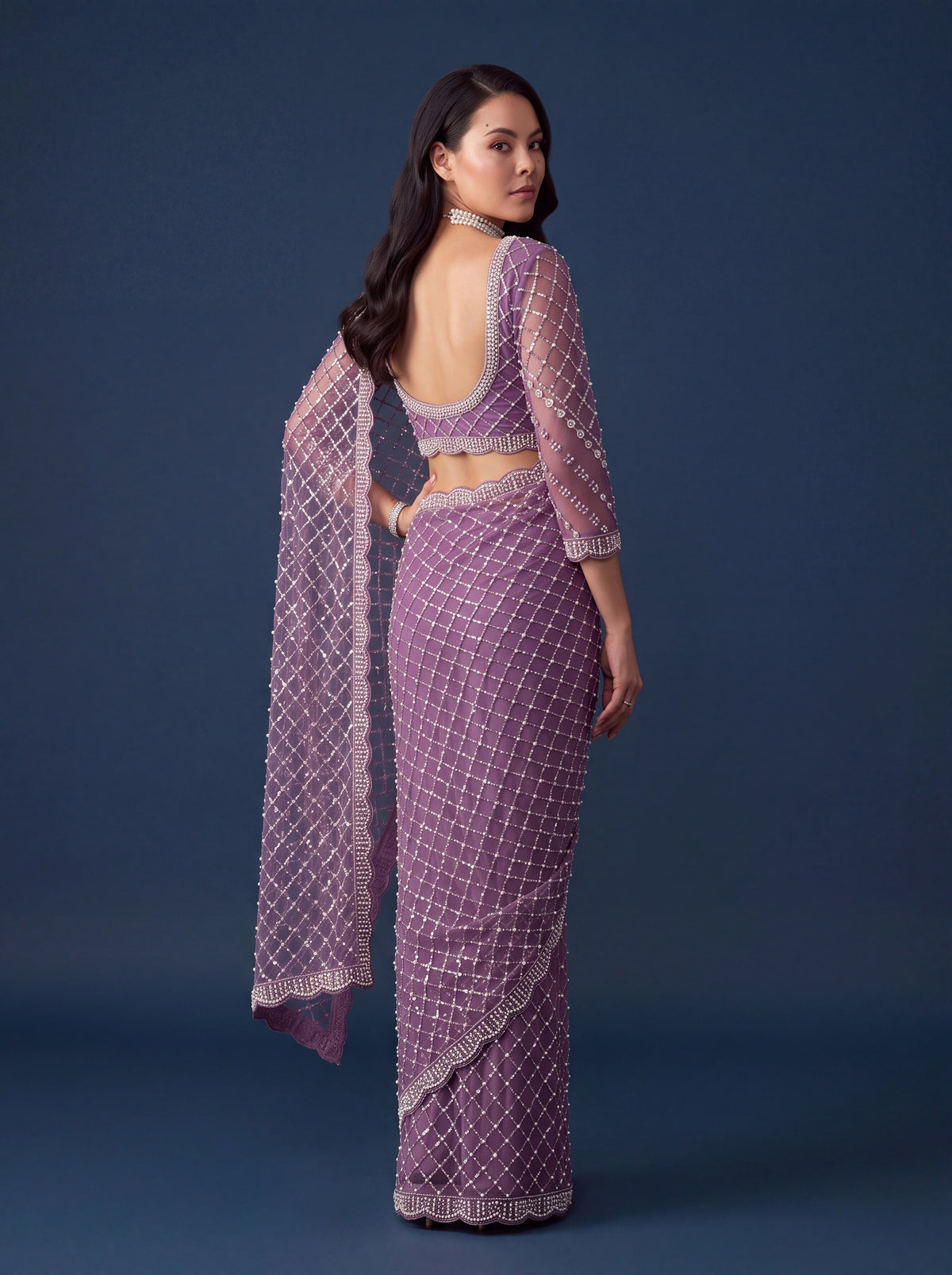 Radiant Lavender Sequins Work Net Reception Wear Saree