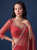 Striking Red Sequins Work Net Wedding Wear Saree WIth Blouse
