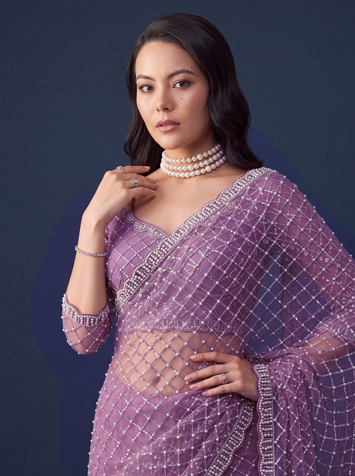Radiant Lavender Sequins Work Net Reception Wear Saree