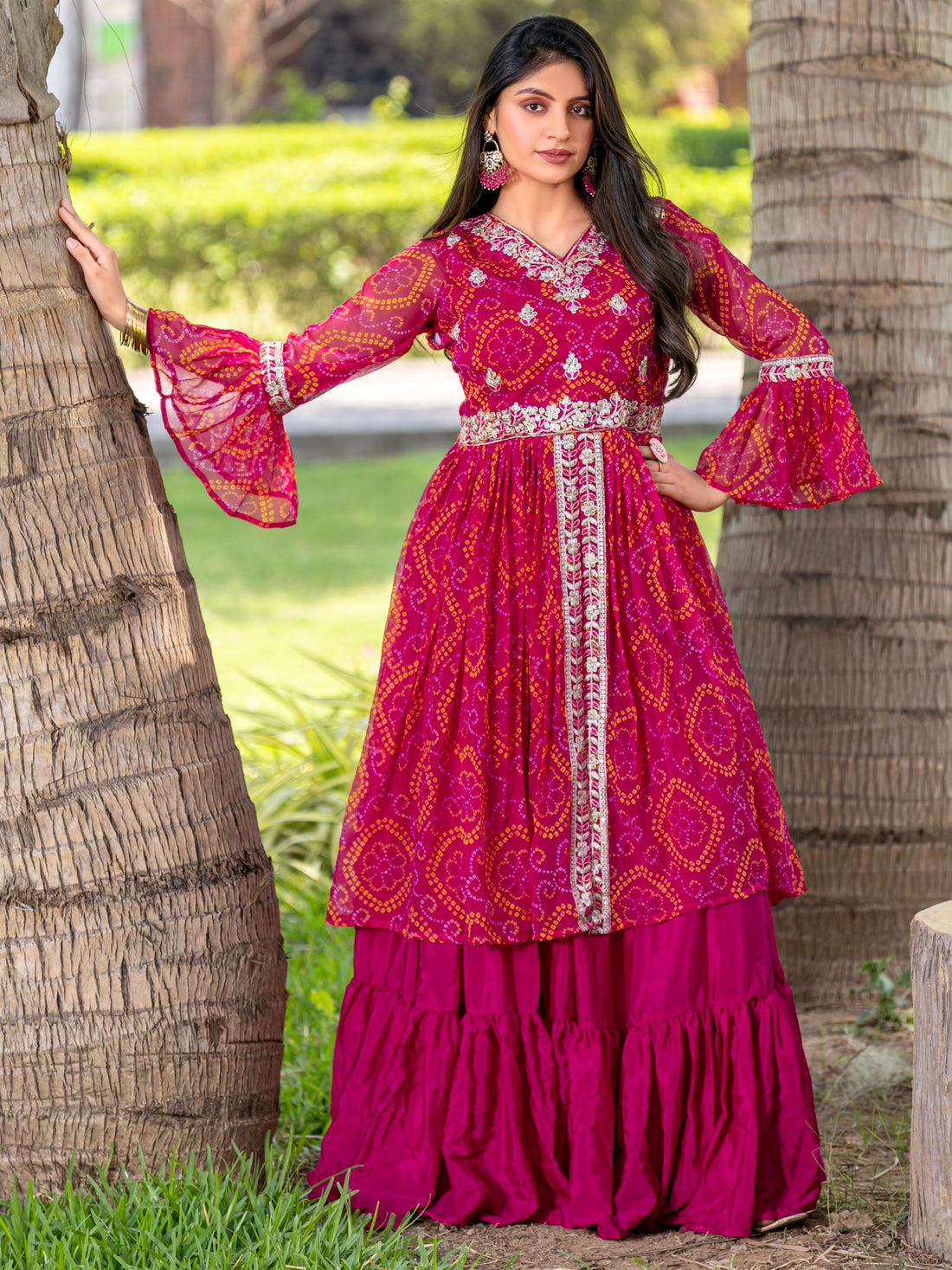 Wonderful Pink Bandhni Print Georgette Traditional Lehenga With Long Top