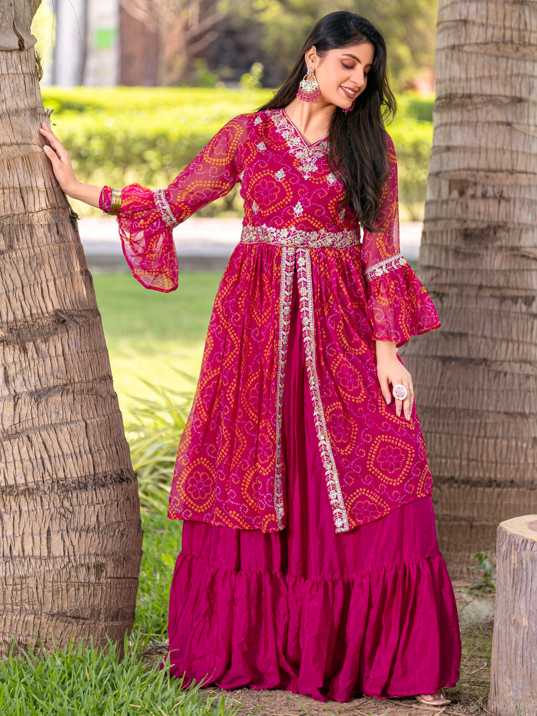 Wonderful Pink Bandhni Print Georgette Traditional Lehenga With Long Top