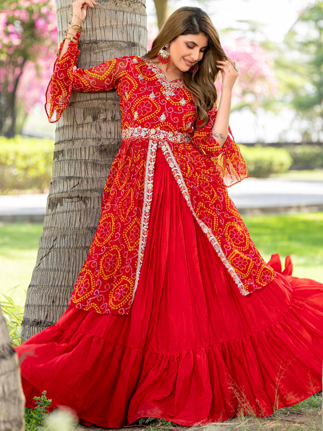 Attractive Red Bandhni Print Georgette Wedding Wear Lehenga With Long Top