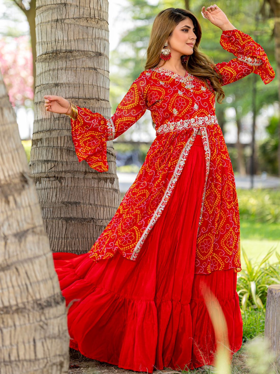 Attractive Red Bandhni Print Georgette Wedding Wear Lehenga With Long Top