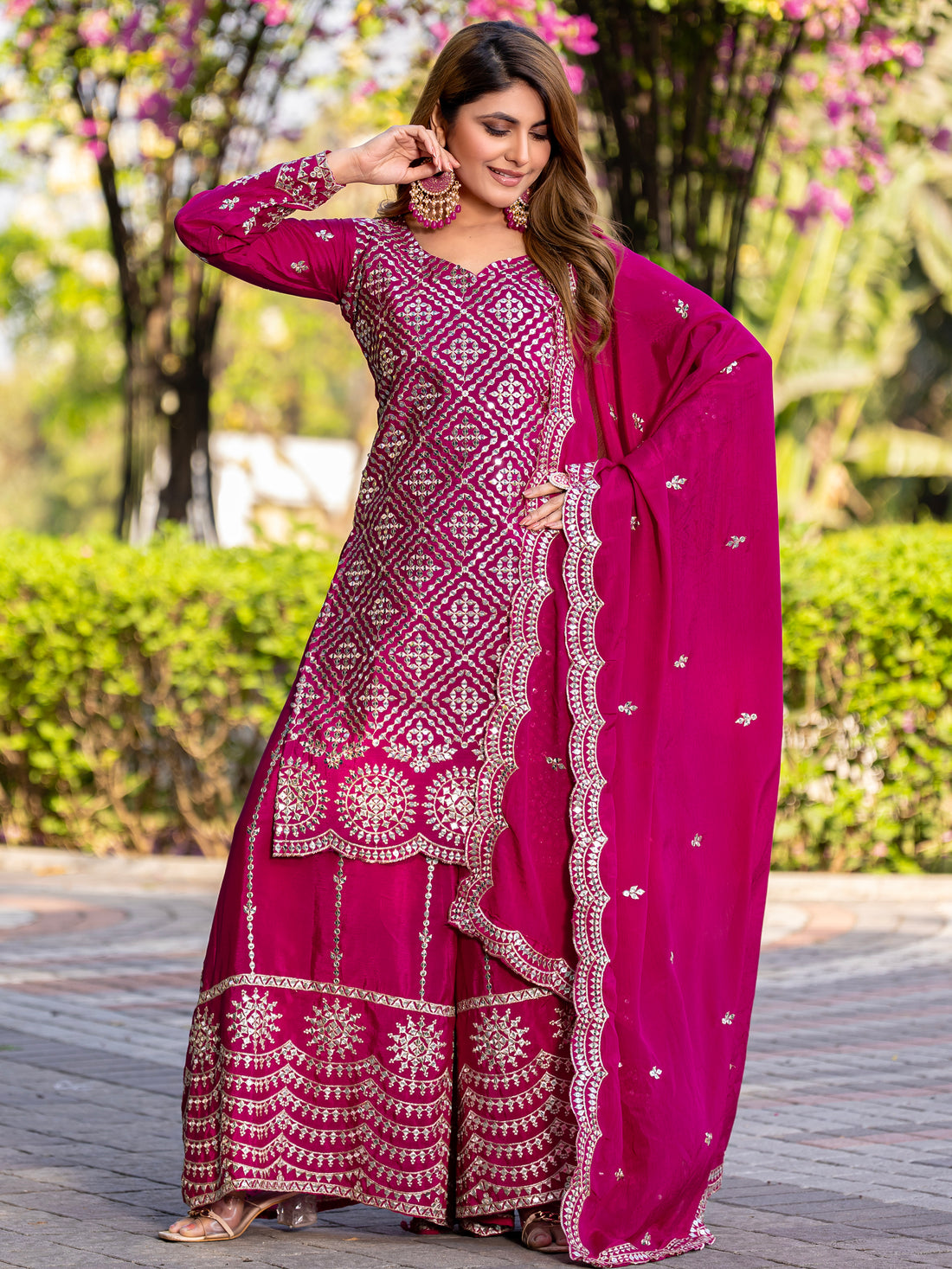 Gorgeous Pink Chinnon Thread Embroidery Plazzo Suit With Dupatta