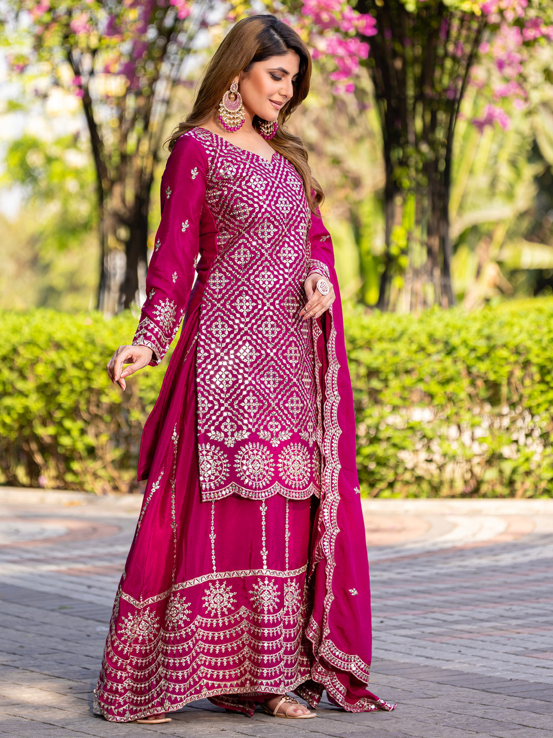 Gorgeous Pink Chinnon Thread Embroidery Plazzo Suit With Dupatta