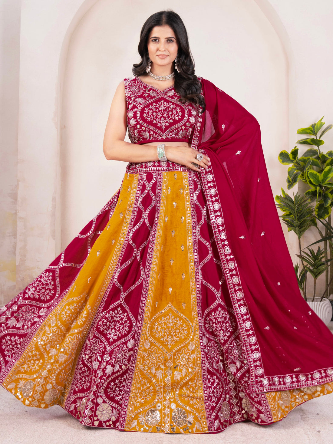 Elegant Yellow-Red Embroidered Vichitra Silk Wedding Lehenga Choli With Dupatta