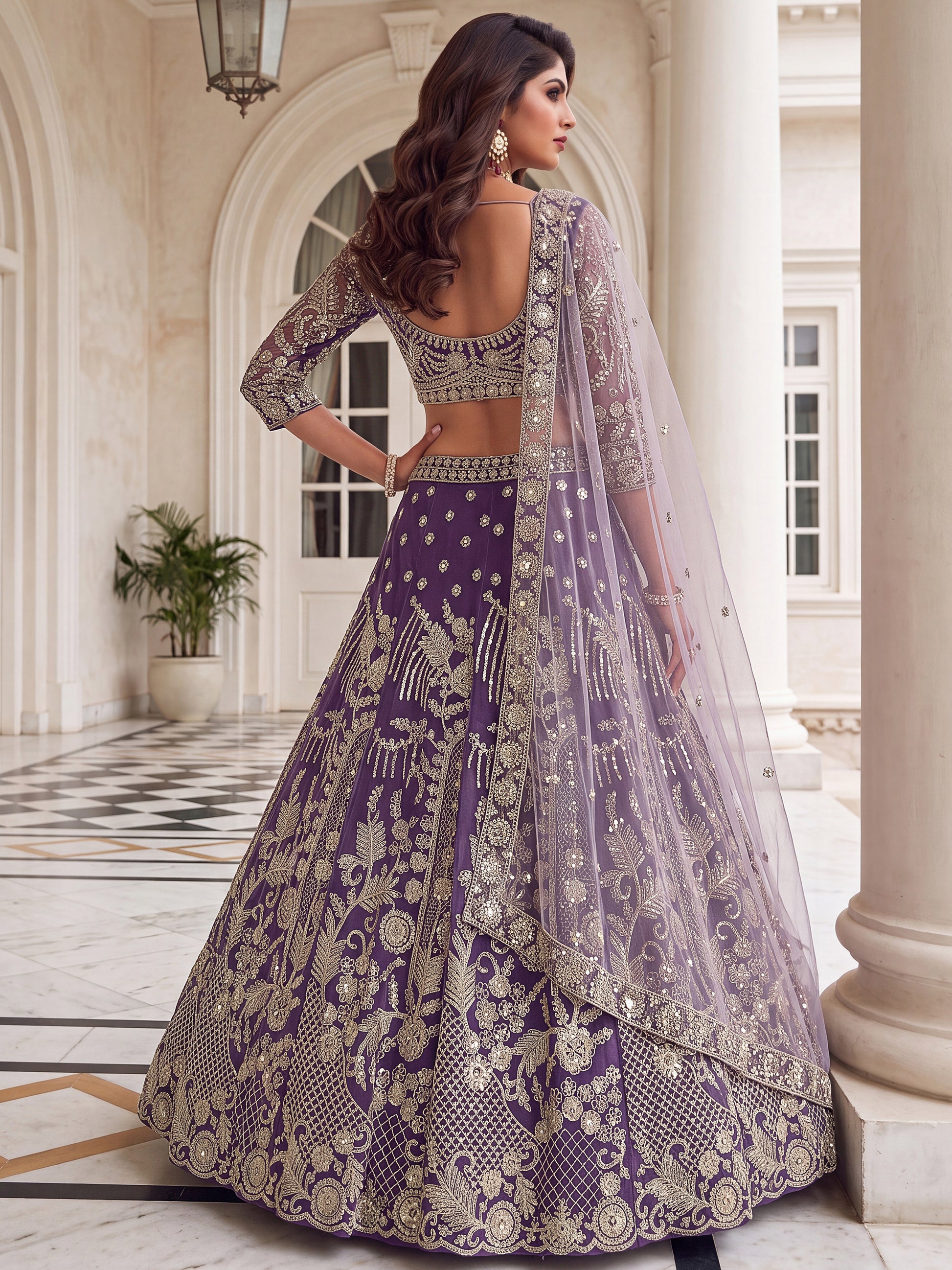Alluring Purple Sequin Work Net Wedding Lehenga Choli With Dupatta 