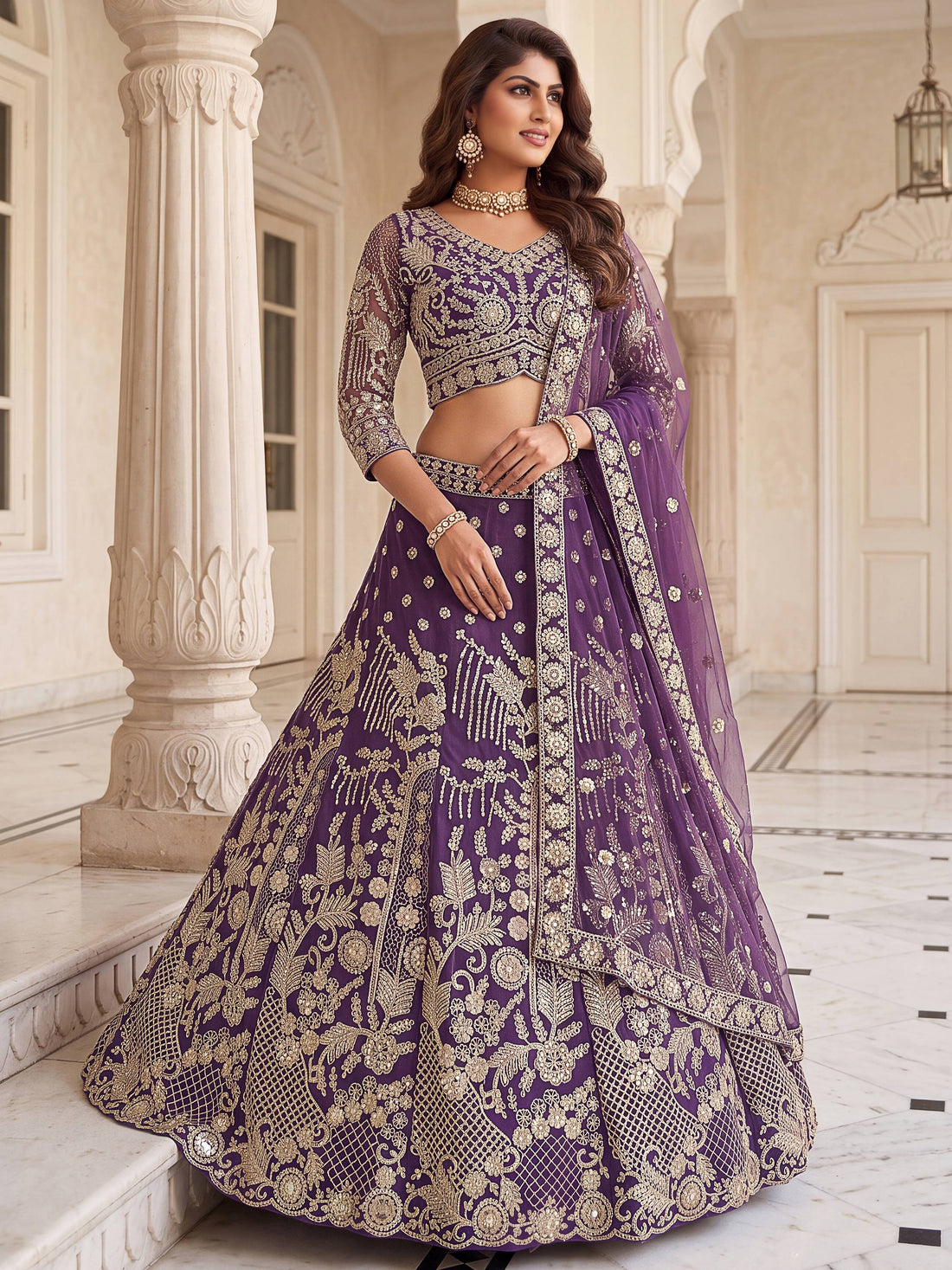 Alluring Purple Sequin Work Net Wedding Lehenga Choli With Dupatta 